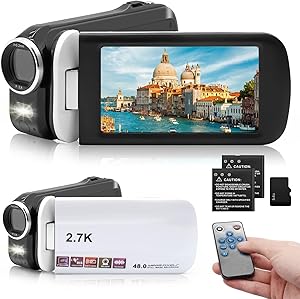 Video Camera Camcorder 2.7K Digital Camera Recorder Full HD 16X 270 Degree Rotation Screen Video Vlogging Camera with 64GB Card and 2 Batteries